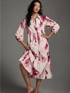 Maeve Anthropologie Bettina Tiered Shirt Dress Pink Watercolor XS P